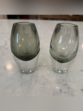 Holmegaard vintage Danish smoke gray vase taper candle holders, set of 2